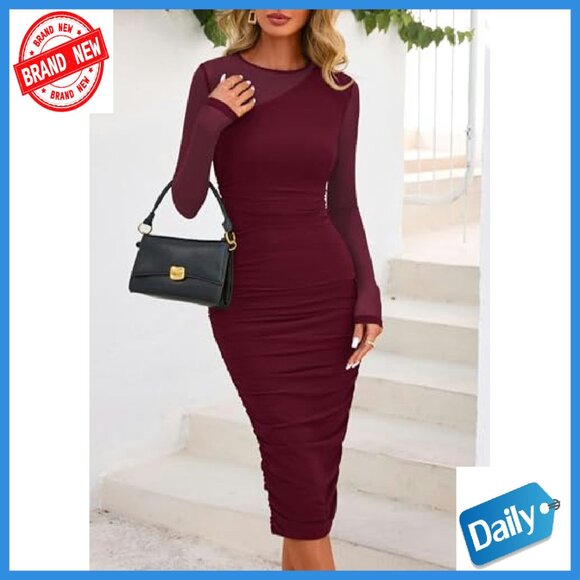 Long Sleeve Mesh Bodycon Dress Mock Neck Ruched Cocktail Party - Picture 6 of 8